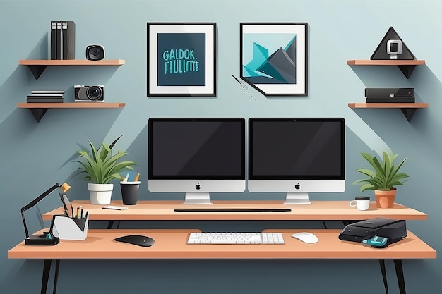 Photo a home office with a triangular desk and a wallmounted display of gadgets