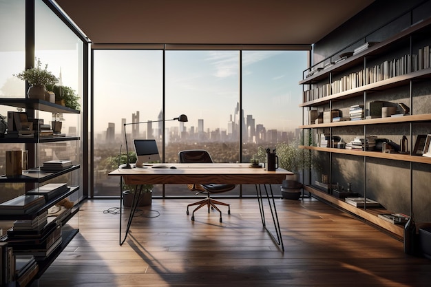 A home office with a view of the city skyline.