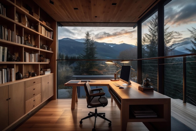 A home office with a view of the mountains and the sky