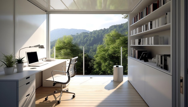 A home office with a view of the mountains