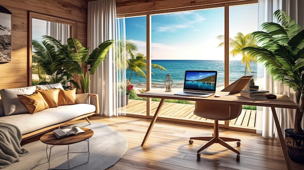 A home office with a view of the ocean.