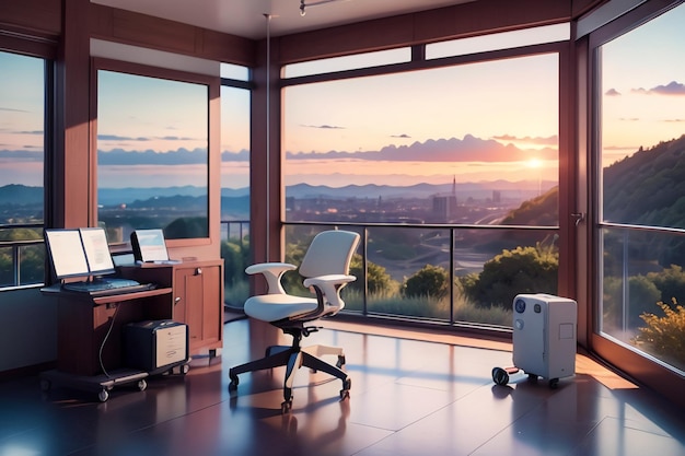 A home office with a view of the sunset and a chair.