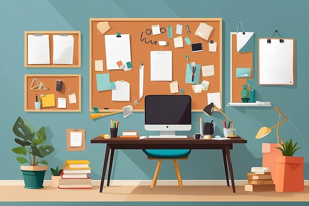 Photo a home office with a wall of corkboard for pinning up ideas and inspirationvector illustration in flat style