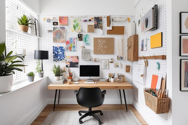 A home office with a wallmounted pegboard for displaying art supplies