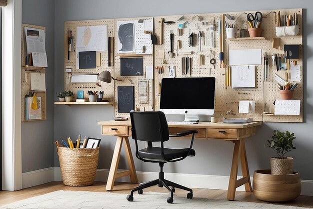 A home office with a wallmounted pegboard for displaying artistic toolsvector illustration in flat style