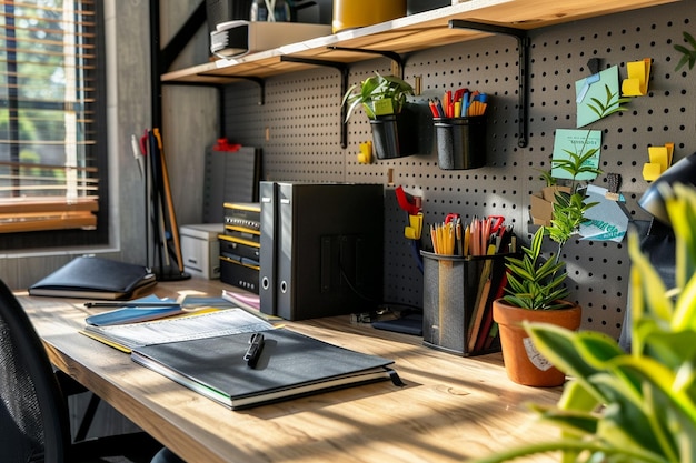 Photo a home office with a wallmounted pegboard for organizing stationery