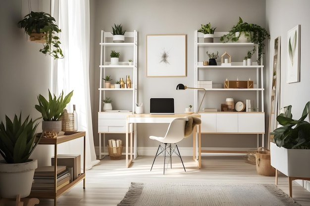 A home office with a white desk and a chair.