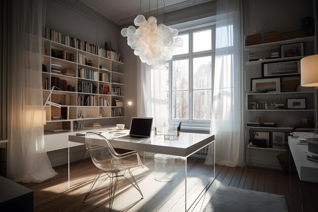 A home office with a white desk and a glass lamp.