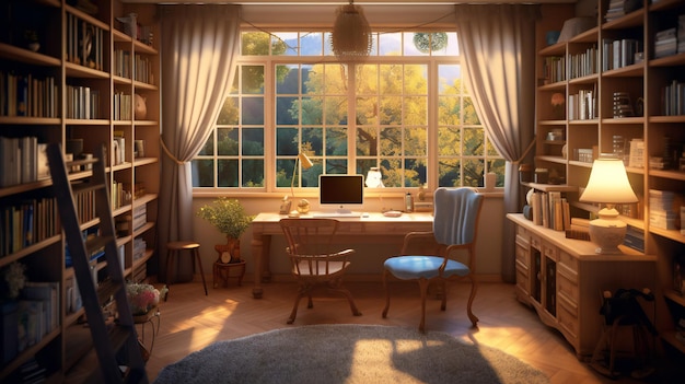 A home office with a window that says'home'on it