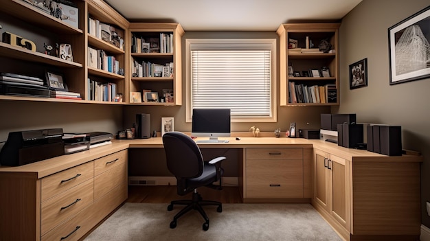 A home office with a wooden desk and a computer on the wall.