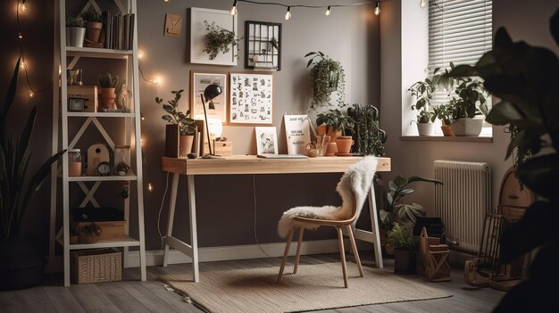 A home office with a wooden desk and a shelf full of plants.