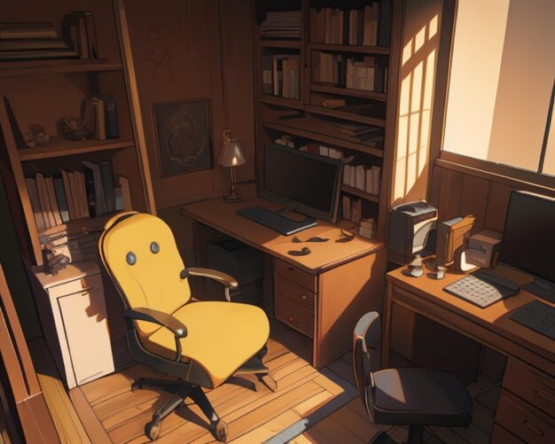 A home office with a yellow chair and a laptop on the desk