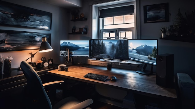 Home office workplace interior Table and monitors Modern space AI generated