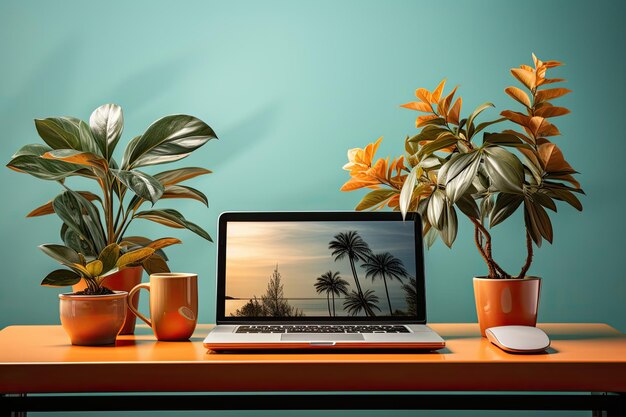 Photo home office workspace concept laptop or computer on the table beautiful background plant on the table generative ai