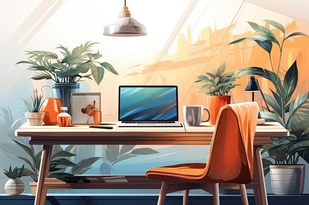 Концепция рабочего места в домашнем офисе ноутбук или компьютер на столе красивый фон растения на столе генеративный ИИ