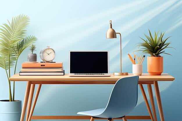 Home office workspace concept laptop of computer op de tafel mooie achtergrond plant op de tafel Generatieve AI