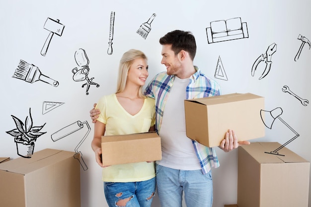 Home, people, repair and real estate concept - smiling couple with big cardboard boxes moving to new place over doodles