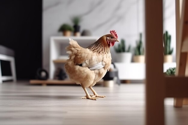 Home pet chicken chick with a child in interior of house AI generated The feathered colored friend