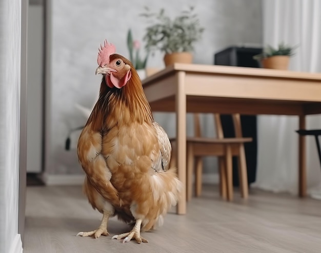 Домашняя домашняя курица с ребенком в интерьере дома ИИ генерирует пернатого цветного друга