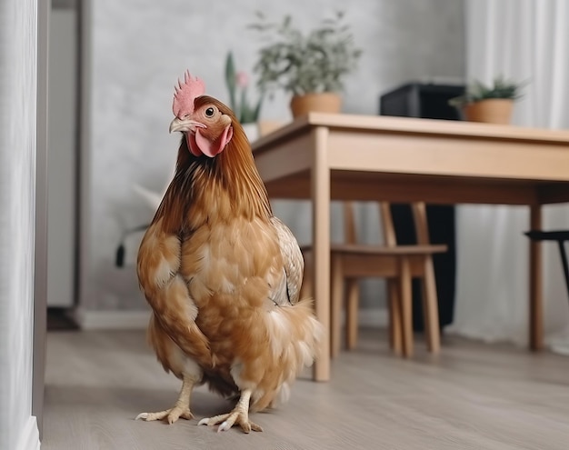 Home pet chicken chick with a child in interior of the house AI generated feathered colored friend