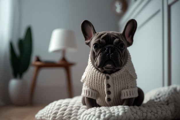 Home pet French Bulldog in clothes resting on the bed Generative AI