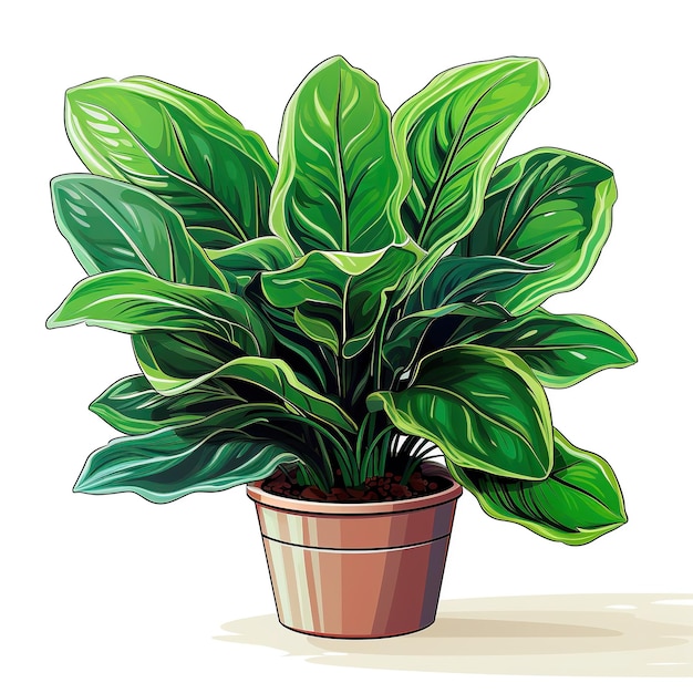 Home plant calathea in a pot with large green leaves Sticker on a white background AI generation