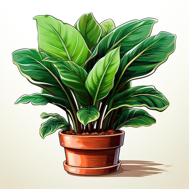 Home plant calathea in a pot with large green leaves Sticker on a white background AI generation