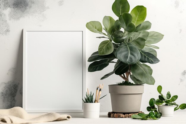 Foto home plant ficus voor leeg canvas mockup kopie ruimte aquarel kunst concept