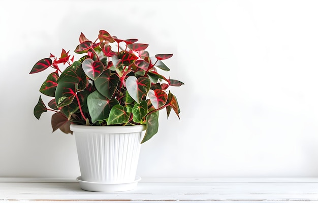 home plant with green and red leaves on white pot on white wooden table over white backgroundx9