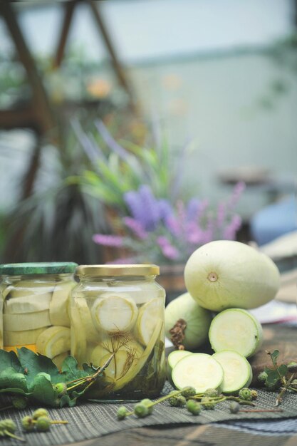 Home preservation with marinated zucchini and greens