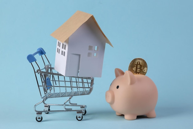 Home purchase Saving concept Mini house figurine in supermarket troley piggy bank on blue background