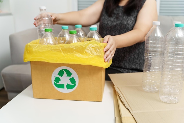 ホームリサイクルエコグリーンゼロコンセプト自宅の黄色のゴミ袋で空のペットボトルをリサイクル箱に投げる女性