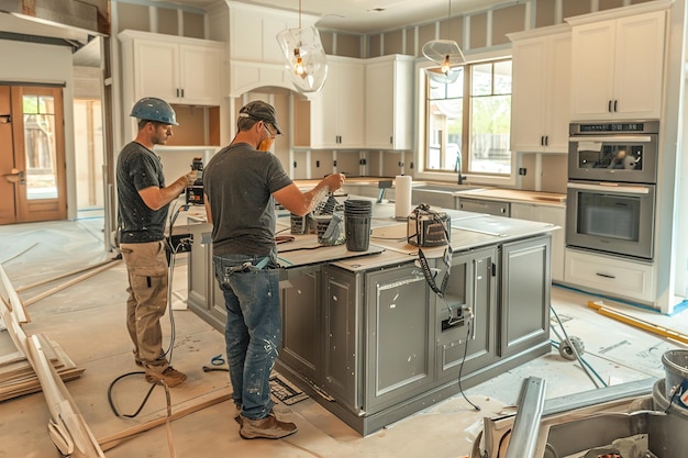 Home renovation A contractor and his team renovating a kitchen installing new countertops and applia