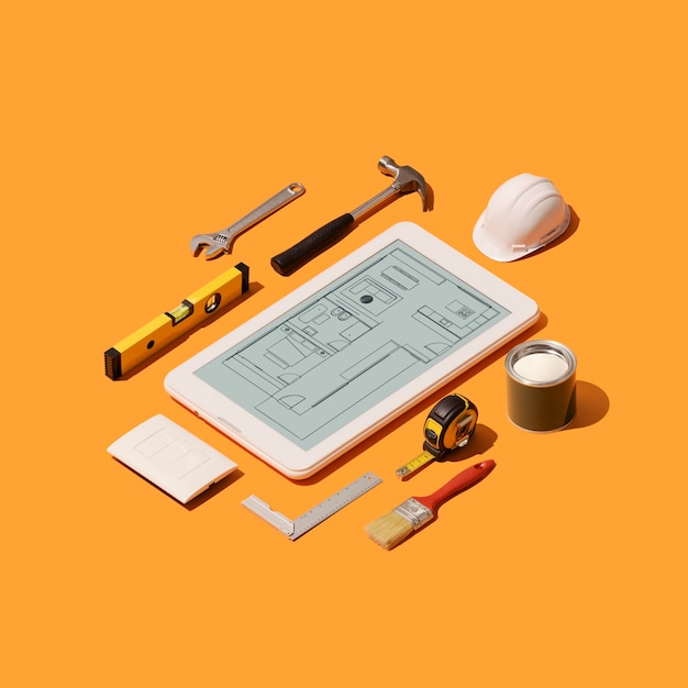 Home renovation and project design app on a touch screen tablet and isometric diy construction tools on a smartphone