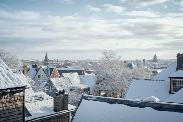 Home roof top view with snow