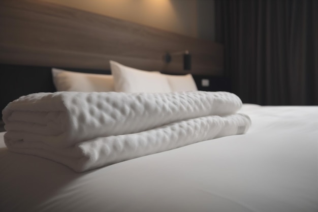 Домашняя комната, свежая кровать, курортный сервис, белое роскошное гостиничное полотенце, Генеративный ИИ