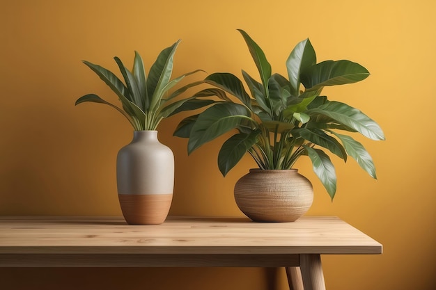 Home room interior style with brown and yellow background wooden table vase of plant