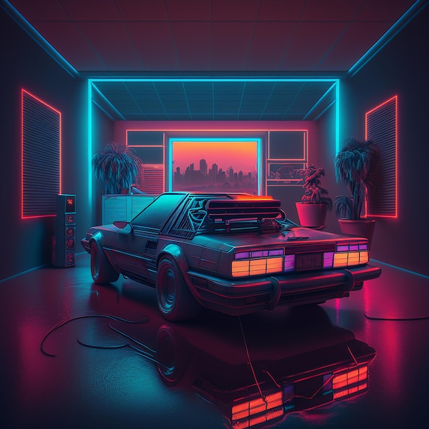 Home room neon car indoor parking interior design AI Generated image