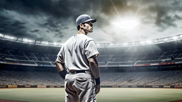 Home Run Hero Arafed the Baseball Player Takes the Field Under a Dramatic Cloudy Sky GenerativeAI