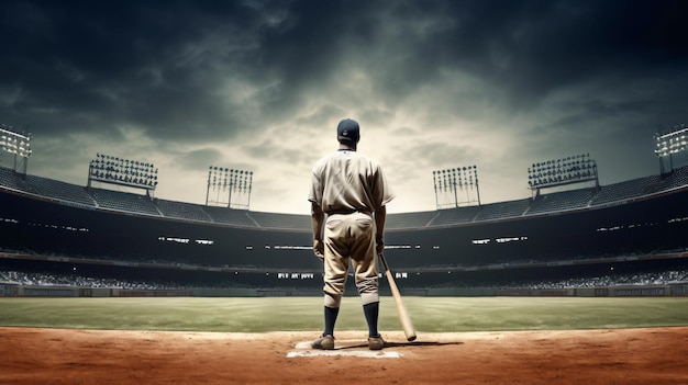 Home Run Hero A Confident Man Holding a Bat on a Baseball Field Generativeai