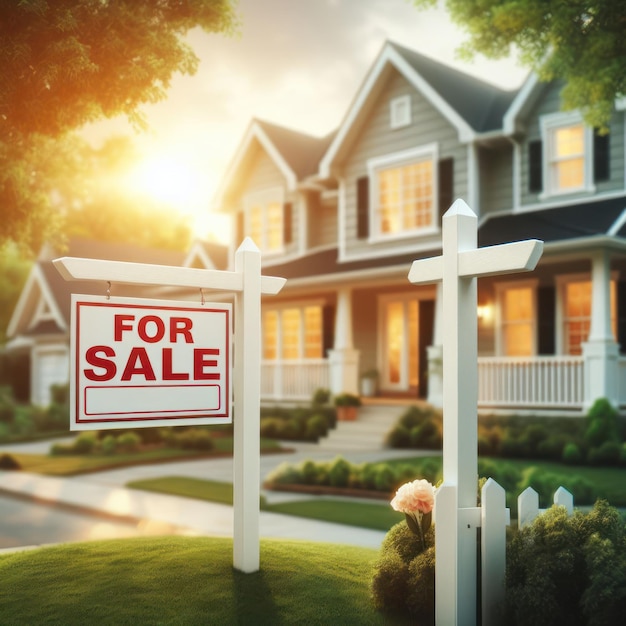 Home For Sale Real Estate Sign In Front of House bokeh