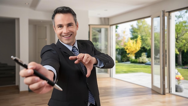 Home salesman stretches holding black pen