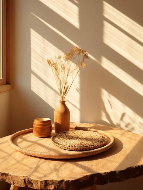 A Home scene Japanese log style minimalism bright sunlight empty rattan tray