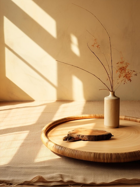 A Home scene Japanese log style minimalism bright sunlight empty rattan tray