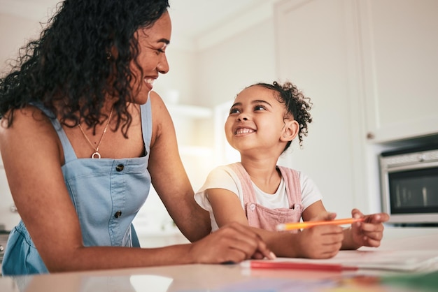 Photo home school education and mother and child happy in a kitchen for homework writing and studying in their home remote learning and girl with mom smile bond and excited for educational activity