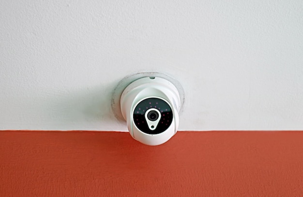 Telecamera di sicurezza domestica sul soffitto rosso e bianco