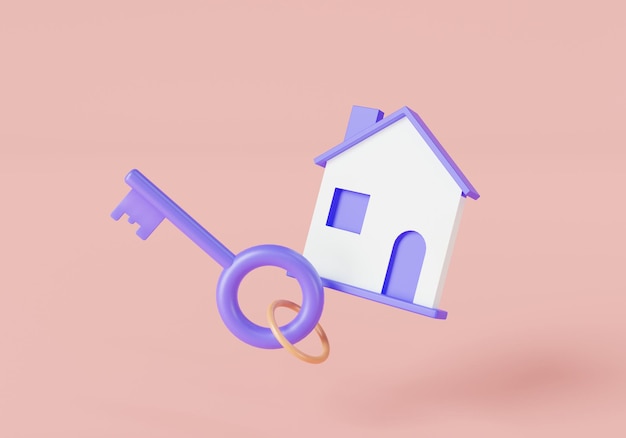 Home security concept Home bescherming huis hangslot huis en huis veilige bescherming verzekering onroerend goed hypotheek home veiligheidssysteem 3d minimale pictogram render illustratie op paarse achtergrond