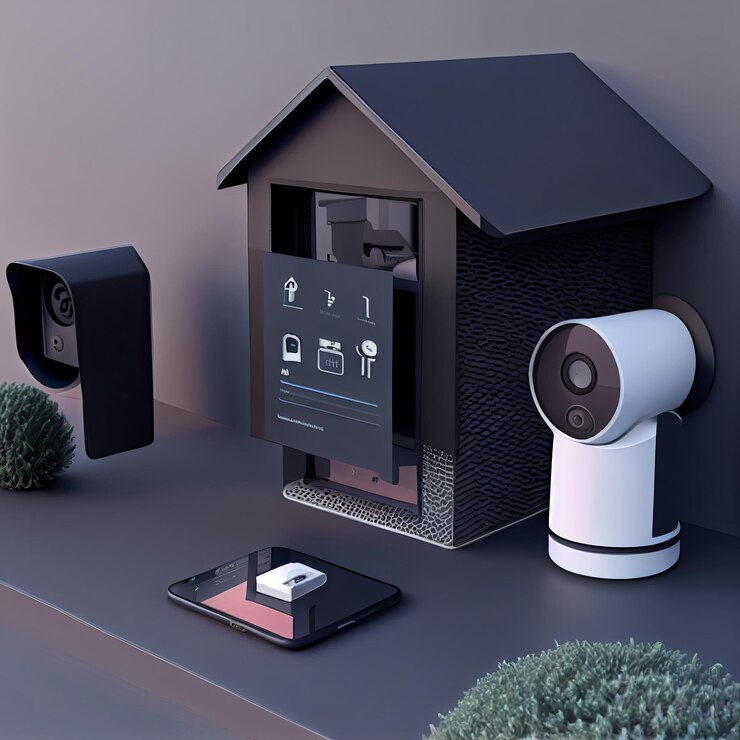 A home security system with a smartphone and a house