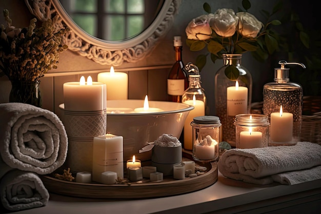 Домашний спа с ванной со свечами и косметикой на столе, созданный с помощью генеративного ИИ