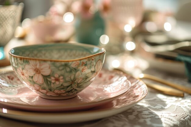 Home spring decor Set of pink and green patterned tableware Generative AI